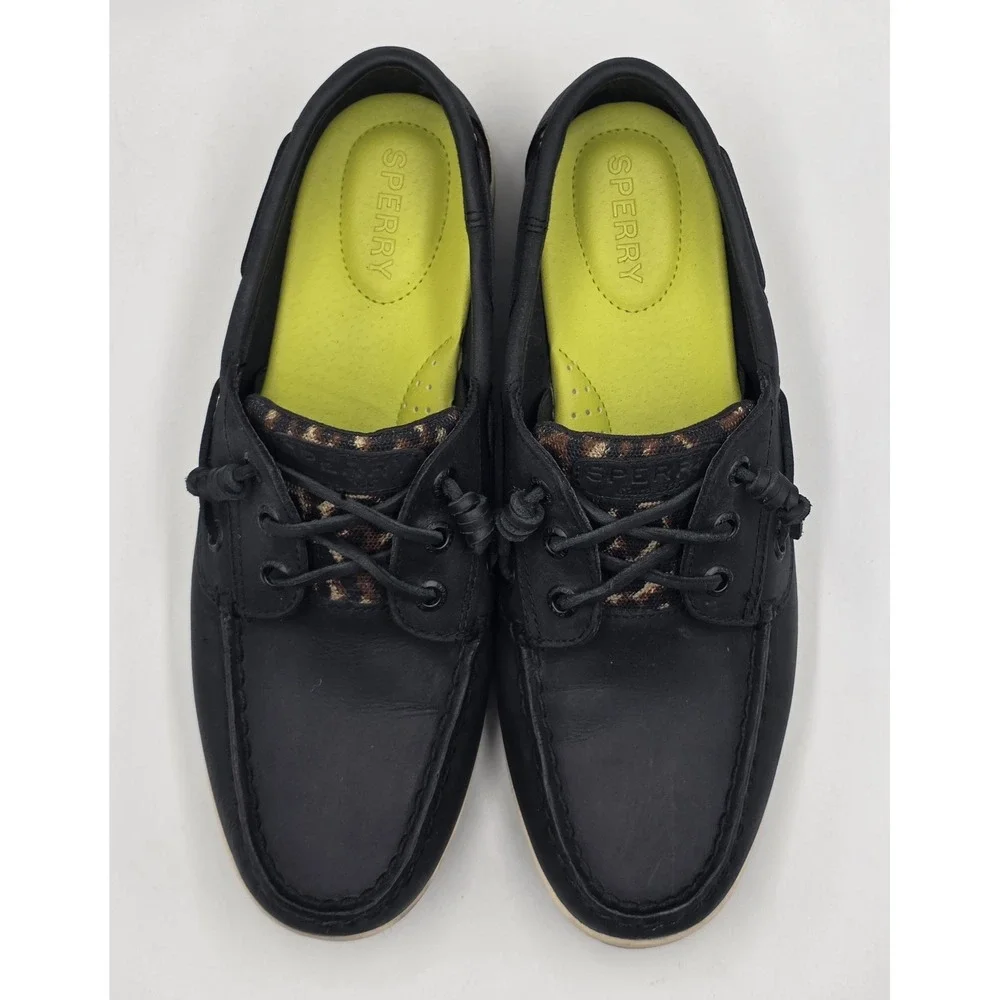 Sperry Songfish Boat Shoes Womens 9.5 Black Leopard Nubuck Leather Lace Up